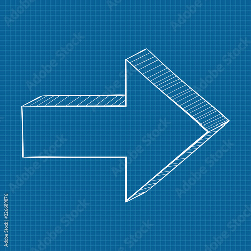 Arrow. Hatching technique. White sign on blueprint background
