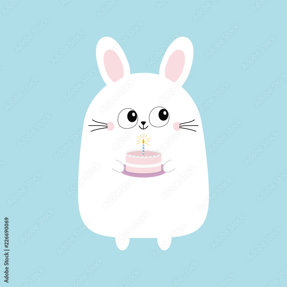 Fototapeta premium White bunny rabbit holding cake with candle. Funny head face. Big eyes. Cute kawaii cartoon character. Baby greeting card template. Happy Birthday sign symbol. Blue background. Flat design.