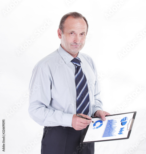 businessman holds a financial report. photo with copy space.