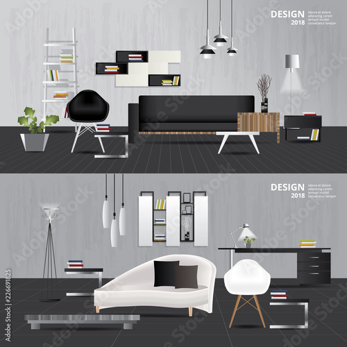 Interior Living Room with Furniture set Vector Illustration