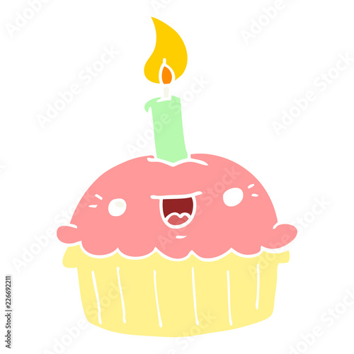 flat color style cartoon cupcake with candle