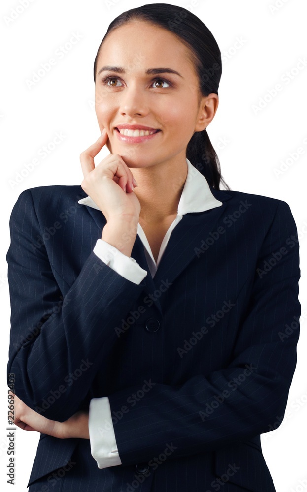 Friendly Businesswoman Thinking with Hand on Face - Isolated Friendly Businesswoman Thinking with Hand on Face - Isolated
