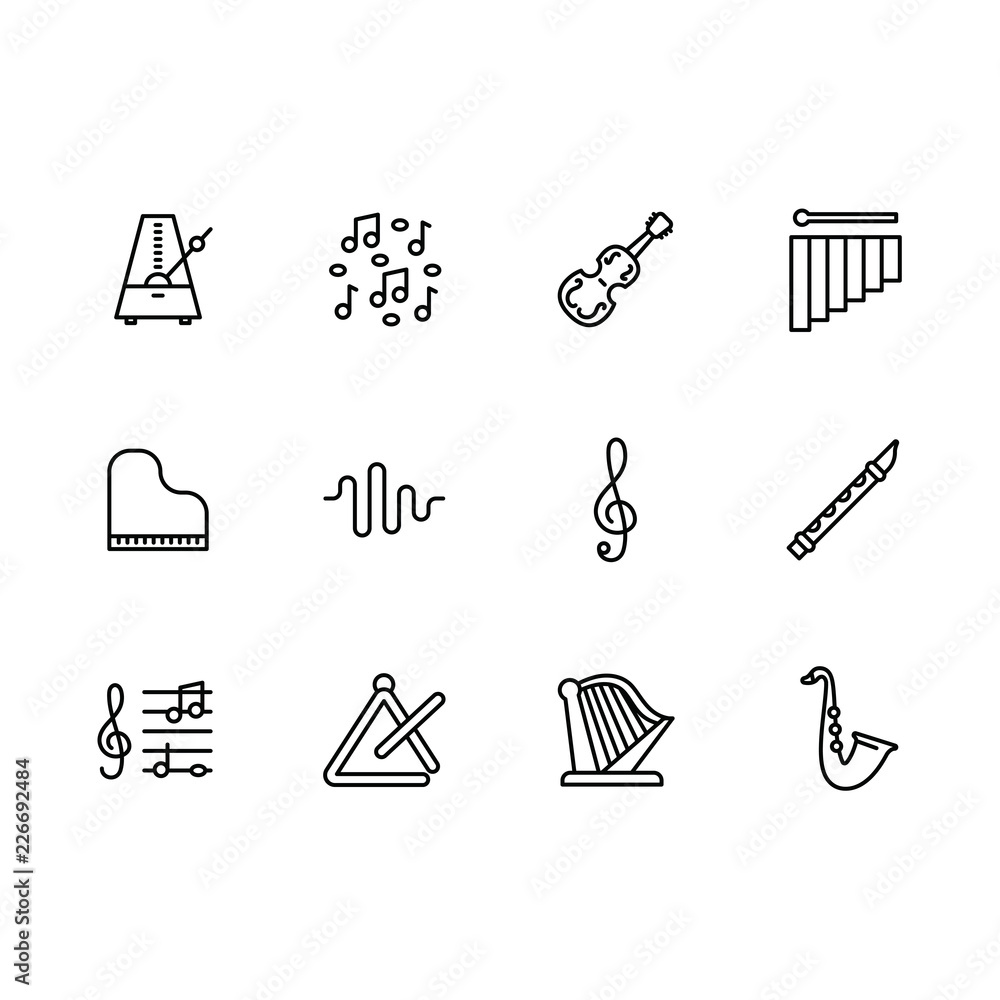 triple Eyesight Anyways Simple set music instrument and equipment vector line icon. Contains such  icons violin, piano, harp, saxophone, flute, metronome, treble clef, sheet  music, musical note. Stock Vector | Adobe Stock