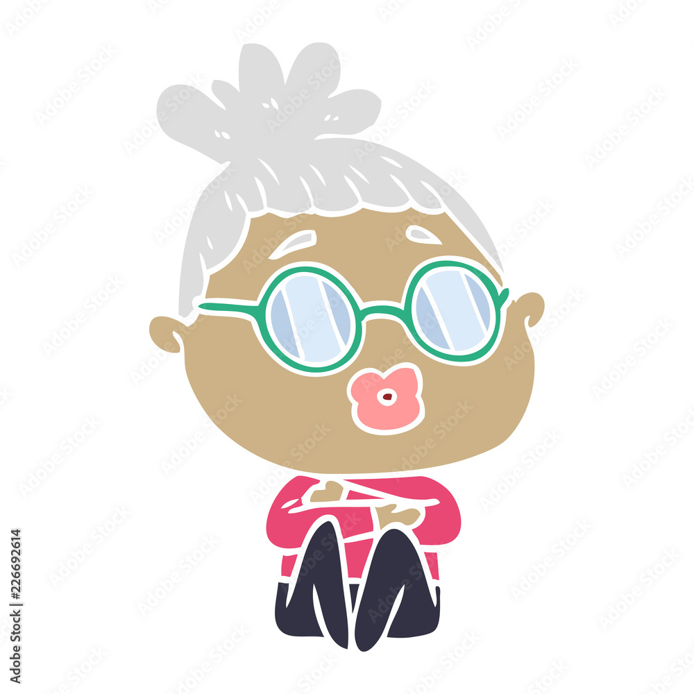 flat color style cartoon sitting woman wearing spectacles