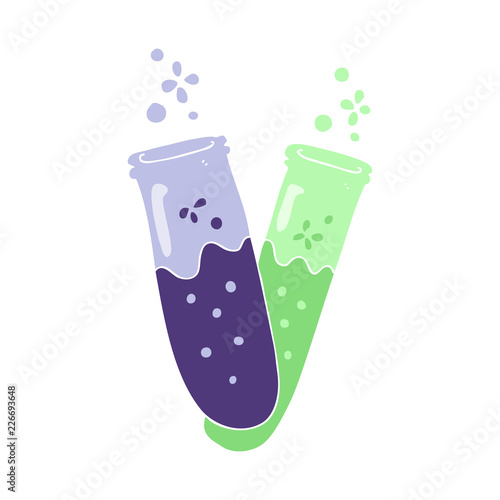 flat color illustration of a cartoon chemicals in test tubes