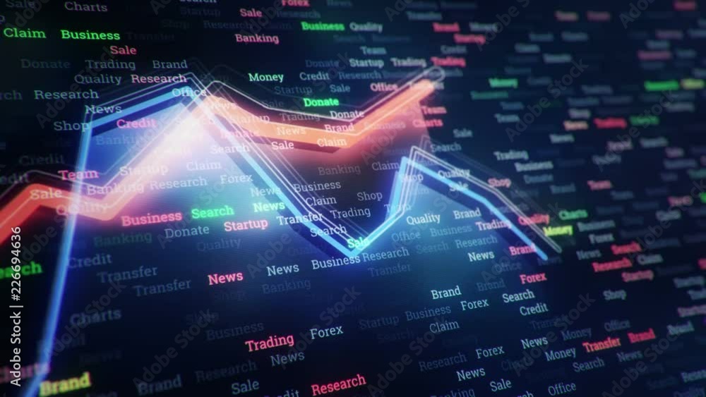 Abstract background with animation of growth graph of stock market on screen of trading board with abstract quotes tickers, words about business or technology, binary code. Animation of seamless loop. Abstract background with animation of growth graph of stock market on screen of trading board with abstract quotes tickers, words about business or technology, binary code. Animation of seamless loop.