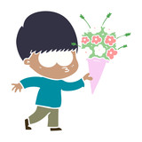 nervous flat color style cartoon boy with flowers