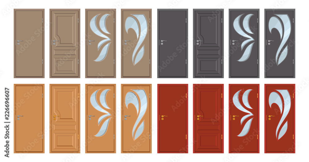 colored wooden doors isolated on white background, realistic wooden