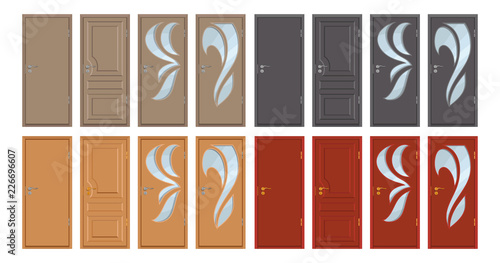 colored wooden doors isolated on white background, realistic wooden door, colour illustration of different door design, office interior or exterior element, room design, vector graphics to design
