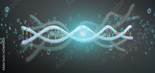 3d rendering data coded Dna with binary file around photo