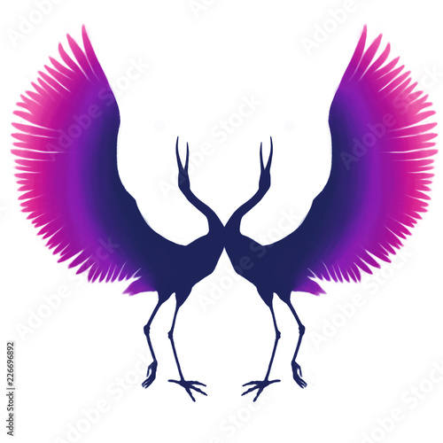 Violet-pink silhouette of an elegant bird. Cranes dance. Multicolored herons. blue purple stork. isolated