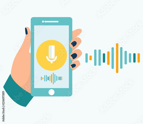 Voice recognition. Vector illustration in flat cartoon style. Human hand holds smartphone with microphone button on screen and voice and sound imitation lines.