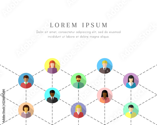 Networking diverse people connected by dotted lines. Social and business network concept in colorful flat design on white background. 