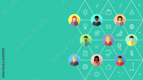 Business network and partnership concept with diverse people connected by lines. Thin linear icons, flat design.