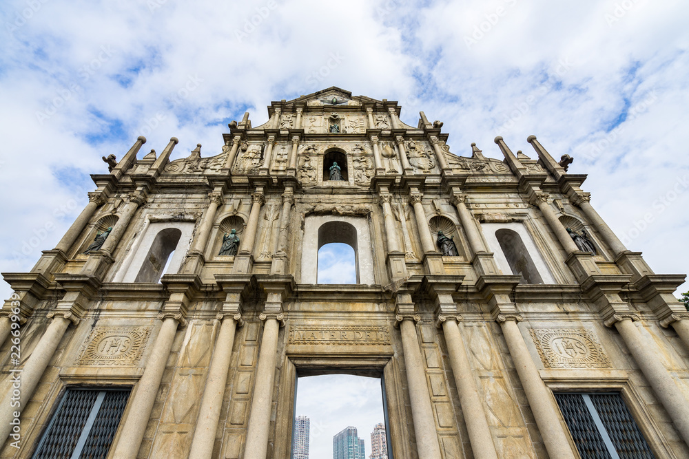 Detail of the facade of St. Paul's cathedral, built by Jesuits in 16th century and destroyed in 19th century, Macau