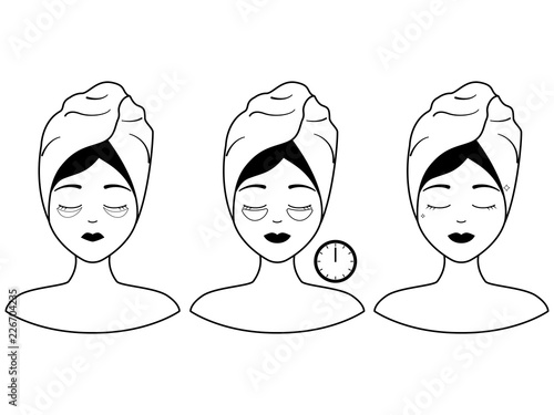 Instructions steps how to apply eye patches. Problems with the skin under the eyes, from dark circles. Vector illustration
