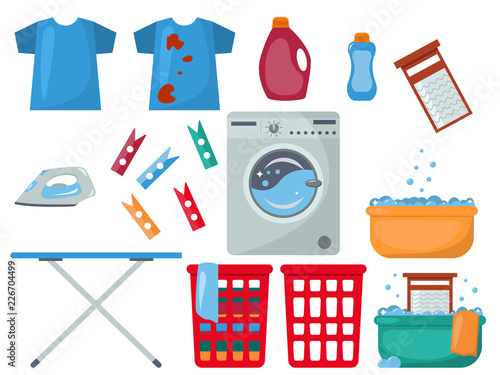 Laundry vector icon set. Different objects: washing machine, iron, ironing board, laundry basket, clothespins and washing chemicals bottles. Flat design illustration.