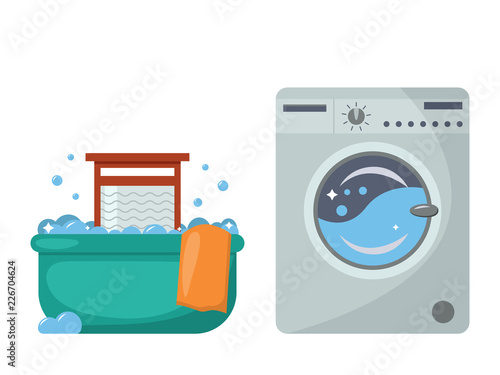 Laundry in the past and now. Basin for washing and washing board, a modern washing machine. Flat design vector illustration. Isolated on white background.