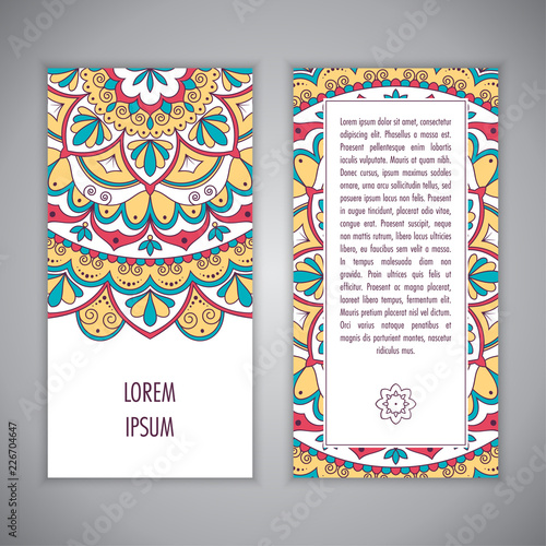 Greeting card or Invitation template with ethnic mandala ornament. Hand drawn illustration