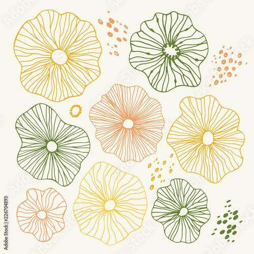 Hand-Drawn Sketchy Doodle Design Elements with Flowers  circles. Natural Colors Abstract Vector Illustration Background.