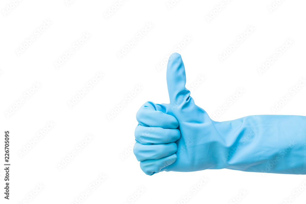 Hand in blue rubber protective glove showing ok gesture. Isolated on white background. General or regular cleanup. Copy space. Empty place for text or logo. Clipping path. Cut out. Hand in blue rubber protective glove showing ok gesture. Isolated on white background. General or regular cleanup. Copy space. Empty place for text or logo. Clipping path. Cut out.