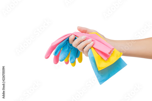 Woman s hand holding colorful rubber protective gloves. Isolated on white background. General or regular cleanup. Commercial cleaning company. Clipping path. Cut out.