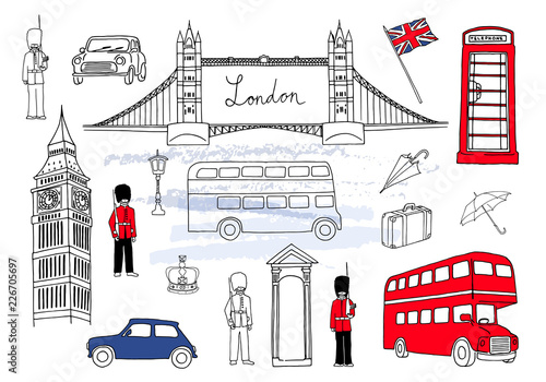Vector illustration. London landmarks. London city elements collection. Hand drawn set with bridge, Big Ben, red bus, cars, royal guards, cab, streetlight, suitcase and umbrella. UK flag.