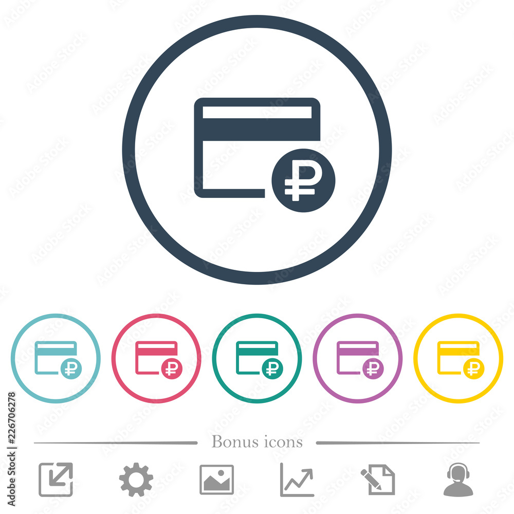 Ruble credit card flat color icons in round outlines Ruble credit card flat color icons in round outlines