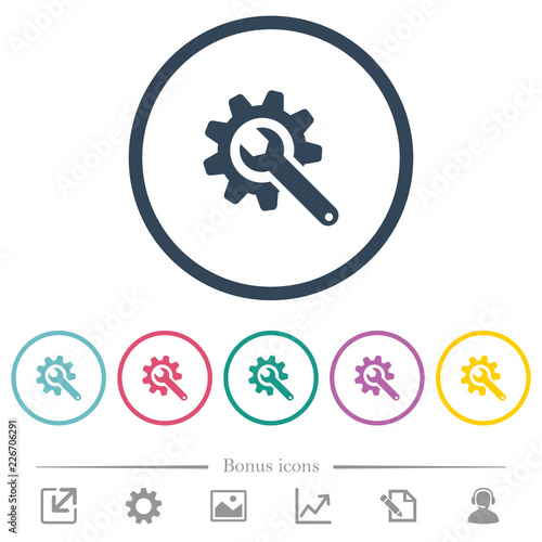 Wrench with cogwheel flat color icons in round outlines
