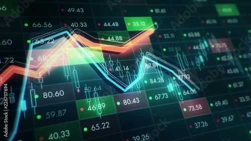 Abstract background with animation of growth graph of stock market on screen of trading board with abstract quotes tickers, words about business or technology, binary code. Animation of seamless loop.