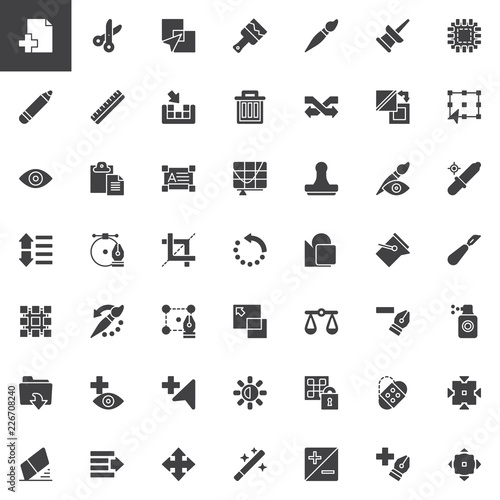 Utilities vector icons set, modern solid symbol collection, filled style pictogram pack. Signs, logo illustration. Set includes icons as Add file, Cut, Intersect, Paint brush, Pencil, Delete, Shuffle