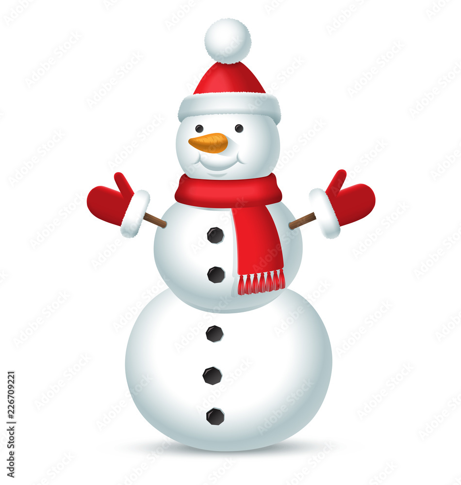 Christmas snowman with red hat with a bubo, scarf and mittens isolated on white background. Vector illustration Christmas snowman with red hat with a bubo, scarf and mittens isolated on white background. Vector illustration