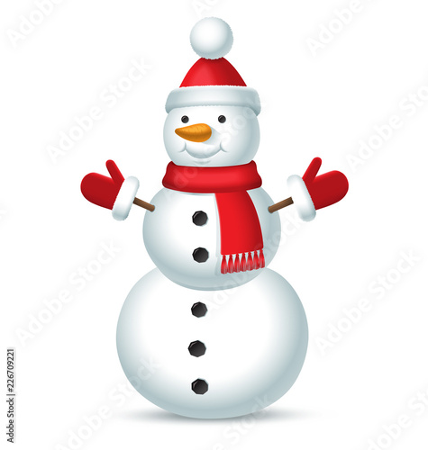 Christmas snowman with red hat with a bubo, scarf and mittens isolated on white background. Vector illustration