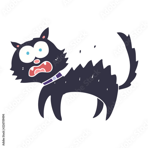 flat color illustration of a cartoon scared black cat