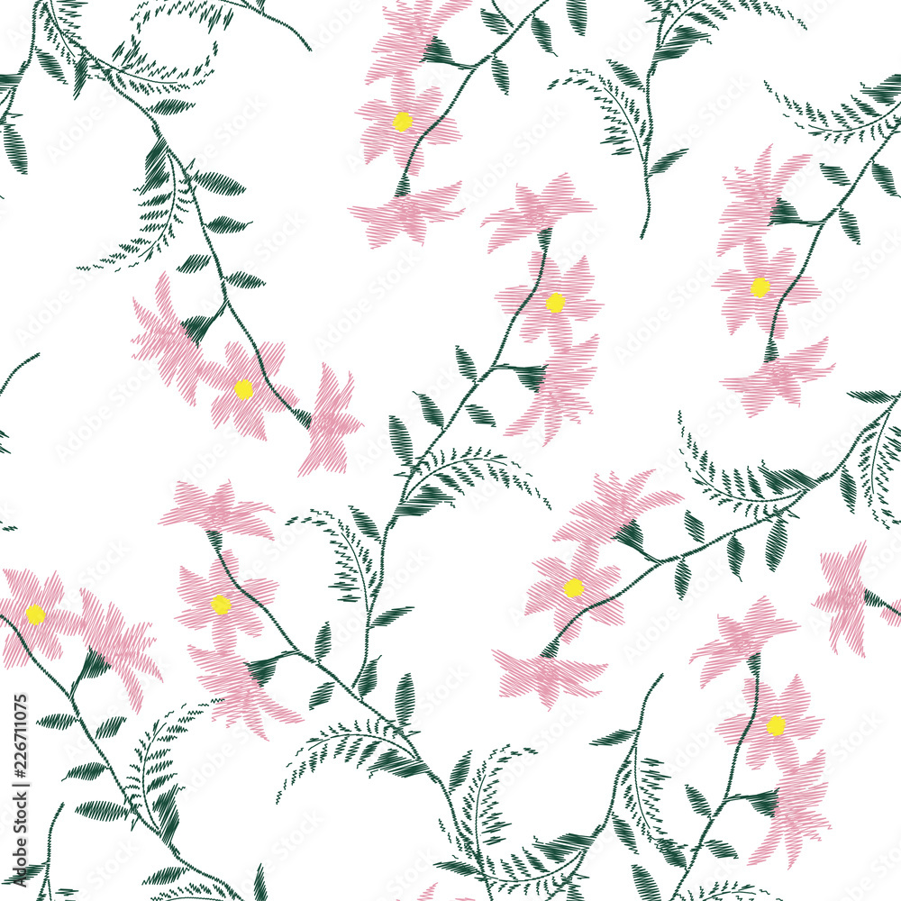 Embroidery flowers, spring seamless pattern. Classical forest embroidery autumn leaves, spring flowers, seamless pattern.