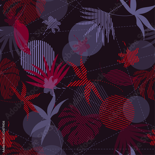 Seamless Hand Drawn tropical silhouette exotic red and violet leaves  Pattern on colorful  mixed with stripes Print vector