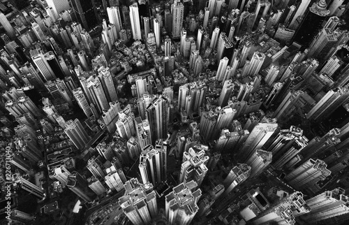Photography Black and white of aerial view of Hong Kong Downtown