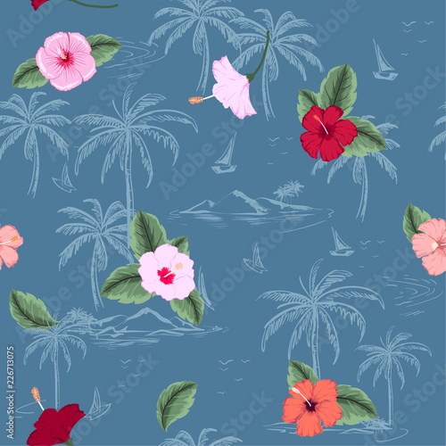 Beautiful seamless island pattern on blue ocean background. Landscape with palm trees,beach ,hibiscus flowers and ocean vector photo