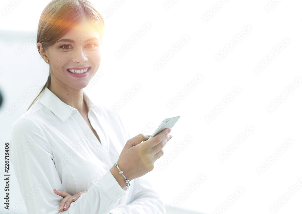 Closeup portrait young business woman, looking at cell phone Closeup portrait young business woman, looking at cell phone