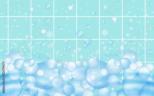 Mosaic tiles background with soap bubbles floating. Bathroom or kitchen cleaners ads. Vector