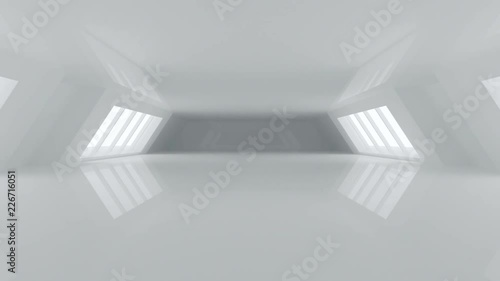 Futuristic Bright White Big Sci-FI Corridor Room With Reflections And Big White Glowing Windows And Empty Space 3D Rendering Animation