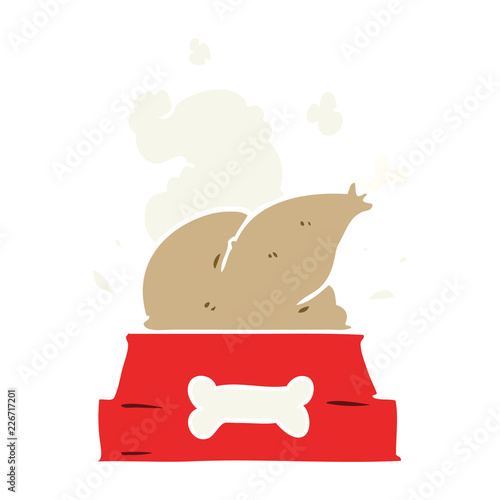 flat color style cartoon whole cooked turkey crammed into a dog bowl for a happy christmas pup