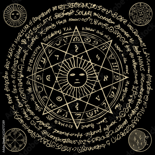 Illustration of the sun in an octagonal star with magical inscriptions and symbols on the black background. Vector banner with old manuscript in retro style