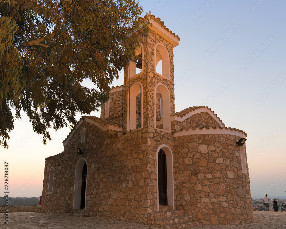 Church of the Holy Prophet Elijah, in the village of Protaras, Cyprus, Europe. August 19, 2018. Summer, Sunny evening .