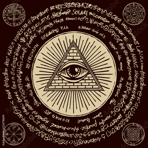 Vector banner with Eye of Providence. All-seeing eye inside triangle pyramid. Symbol Omniscience. Luminous Delta. Ancient mystical sacral illuminati symbol with magical inscriptions on black backdrop