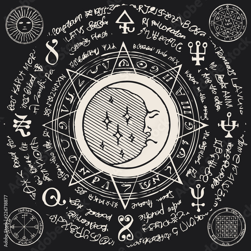 Illustration of the moon, sun and stars in an octagonal star with magical inscriptions and symbols on the black background. Vector banner with old manuscript in retro style