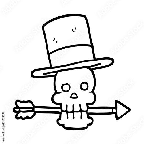 line drawing cartoon skull with top hat and arrow