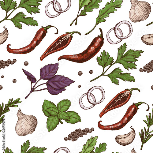 Vector seamless pattern with different color spices and herbs in sketch style