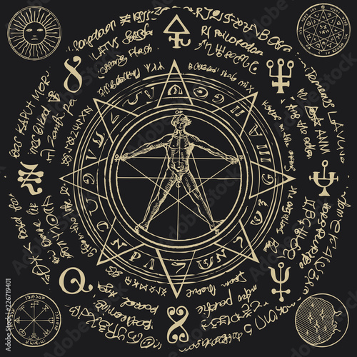 Illustration of a human figure in an octagonal star with magical inscriptions and symbols on the black background. Vector banner with a human figure like Vitruvian man by Leonardo Da Vinci