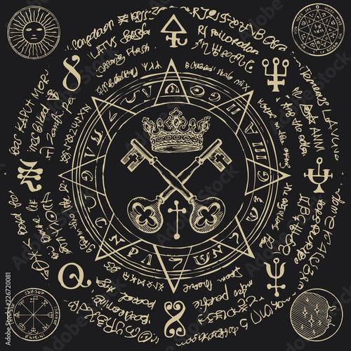 Illustration of the keys and crown in an octagonal star with magical inscriptions and symbols on the black background. Vector banner with old manuscript in retro style